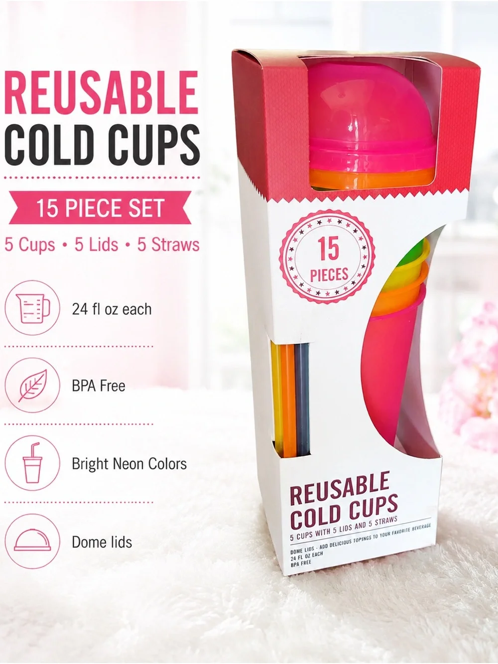 Reusable Neon Colors Cold Cups Set - 15 Piece Party Pack